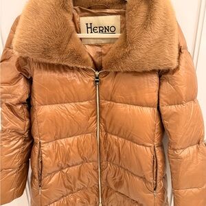 Herno Women's Brown Puffer Coat with Faux Fur Collar